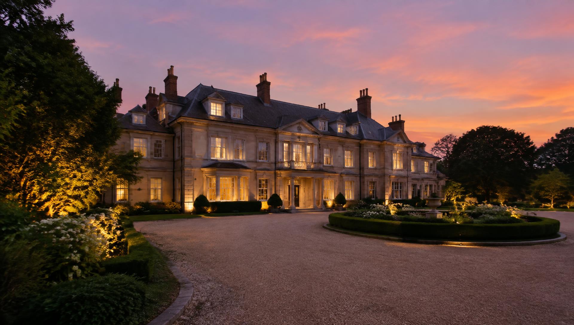 Illuminated English country mansion with gravel driveway at dusk